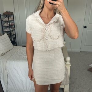 White Mini Sheath Dress with Notched Collar and Slit